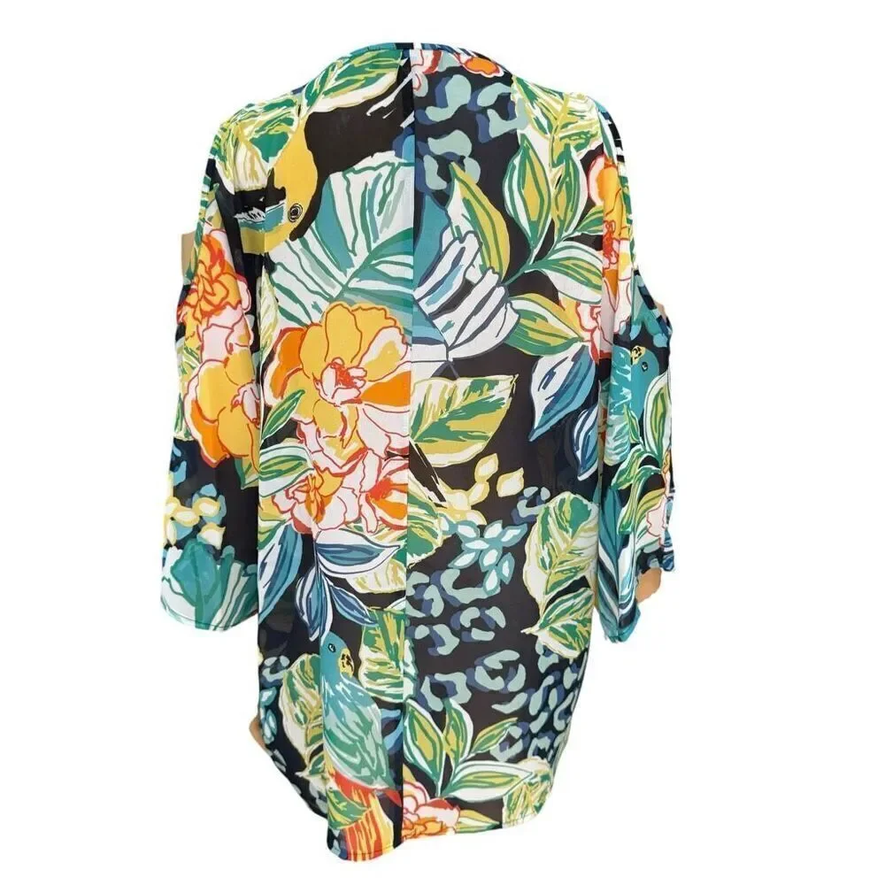 Melissa Paige Tropical Beaded Cold Shoulder Tunic blouse womens Toucan Bird Sz M